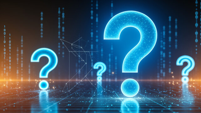 Glowing blue large question marks on a digital grid background, symbolizing inquiry, uncertainty, and the search for knowledge in a technological context