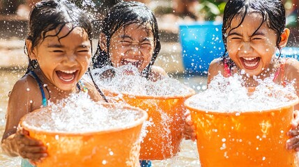 Children laughing and playing with buckets of water during the Songkran festival, splashing each other in the streets with joy and excitement.