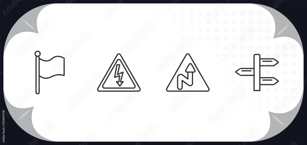 Poster outline icons set - maps and flags concept. plain flag, electrocutation danger, right reverse curve,