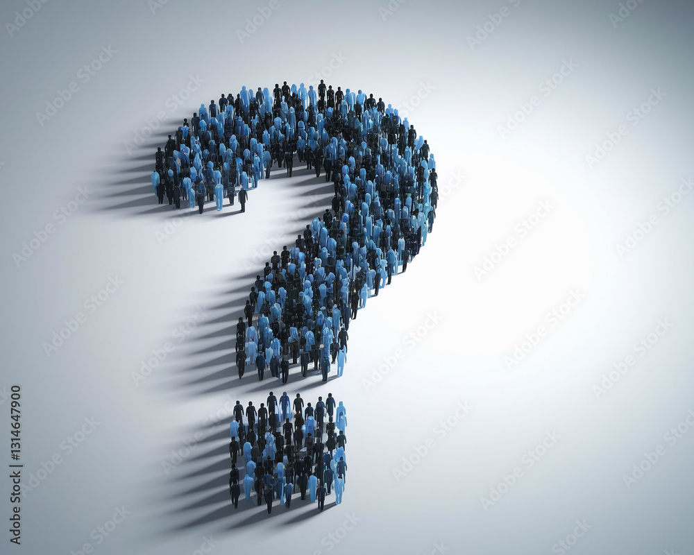 Poster many figures forming a large question mark, symbolizing inquiry, uncertainty, or a collective seekin