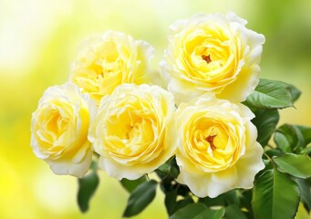 Bright Yellow Roses in Full Bloom, Freshly Arranged with Vibrant Petals and Lush Green Leaves in Focus
