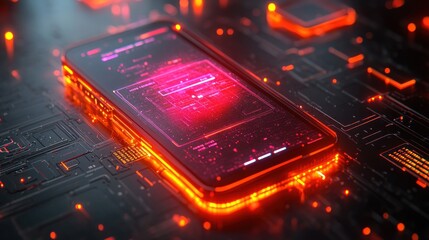 Obraz premium Futuristic Smartphone on Circuit Board: A Cyberpunk Digital Art
