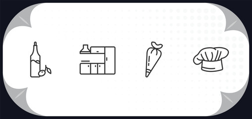 outline icons set - kitchen concept. olive oil, kitchen cabinet, pastry bag, chef hat.