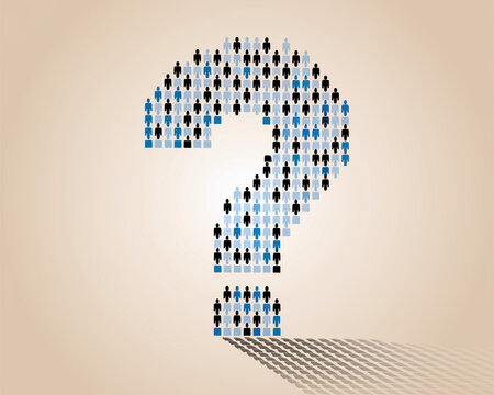 Blue and black figures form a large question mark, symbolizing audience questions, polls, surveys, or community feedback, ideal for business presentations or website banners