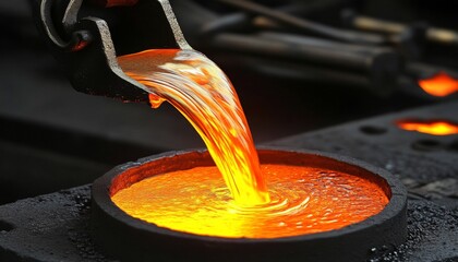 Close-up of bright orange molten metal pouring from casting machine in industrial workshop setting with blurred machinery background