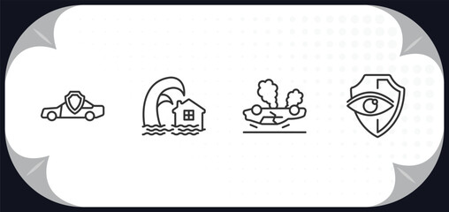 outline icons set - insurance concept. car insurance, tsunami insurance, overturned vehicle, vision