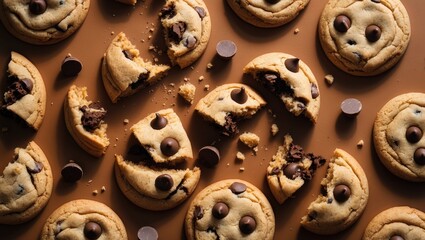 Obraz premium Broken chocolate chip cookies. Cookies shattered into pieces along with crumbs.