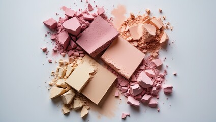 Fototapeta premium Broken blush makeup scattered on a white background.