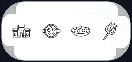 outline icons set - india concept. gate of india, malai kofta, kanji vadas, trident.