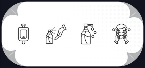outline icons set - hygiene concept. urinal, antiseptic, pump bottle, face washer.
