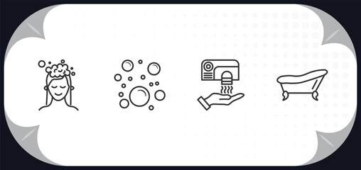 outline icons set - hygiene concept. hair washing, bubbles, hand dryer, bathroom.