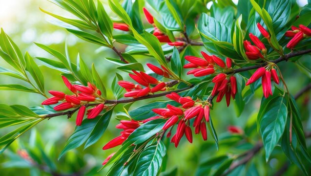 Bright red young flower blooming on a branch with green leaves.