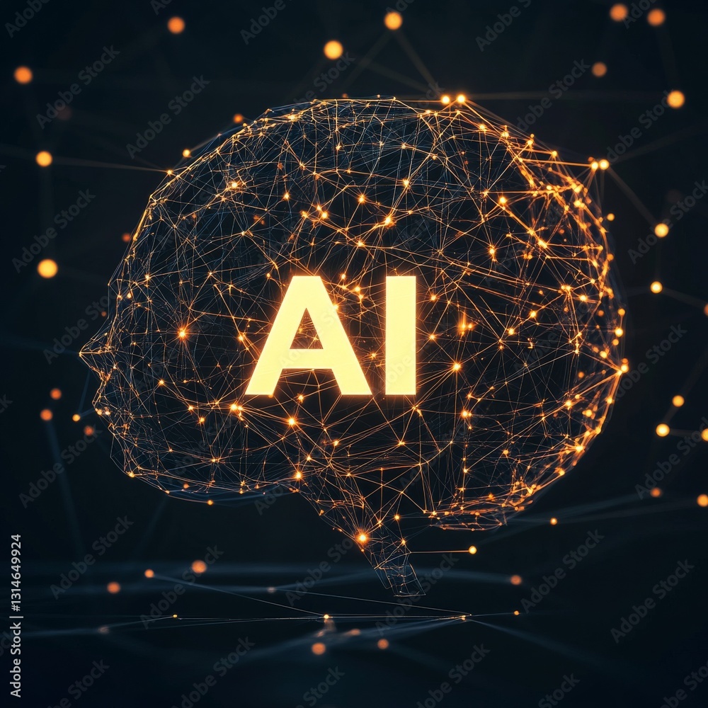 Poster artificial intelligence: a glowing brain-shaped network representing cognitive computing and neural 