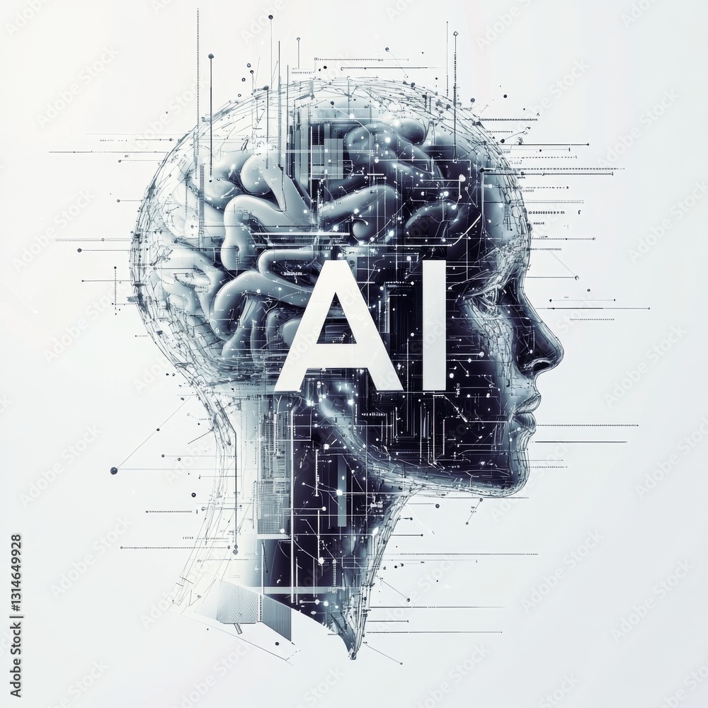 Leinwandbilder artificial intelligence head visualization: conceptual representation of ai technology and neural ne