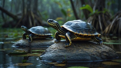 Turtles resting on a rock in a lush natural swamp.
