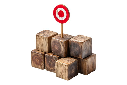 A group of wooden cubes with a red target Isolated on White and Transparent Background PNG Image.