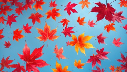 Obraz premium Vibrant and colorful autumn leaves gracefully falling through the air against a blue background. Zero gravity or levitation autumn concept.