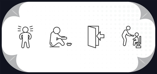 outline icons set - humans concept. proud pose, begging, come in, feeding.
