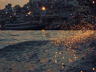 Floating candles casting a warm and peaceful glow on the surface of the water during an evening Buddhist ritual, creating a serene and reflective mood for the ceremony.