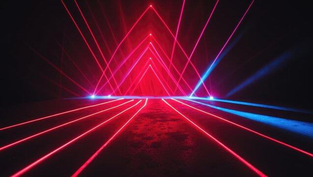 Bright red neon laser lights pierce the darkness, forming lines and triangular shapes.