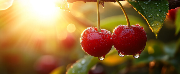 Two ripe cherries on branch, glistening with dew, backlit by warm sunrise light, symbolizing freshness, summer, and natural sweetness