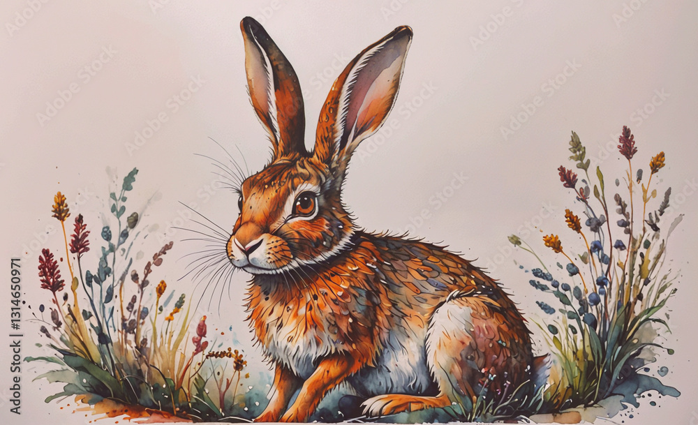 Poster rabbit is sitting in a field of flowers. the rabbit is brown and white, and it is looking at the cam