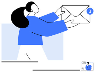 Person holding large email envelope with number notification icon, suggesting active communication. Ideal for messaging, communication, technology, email, updates, alerts office tools. Flat simple
