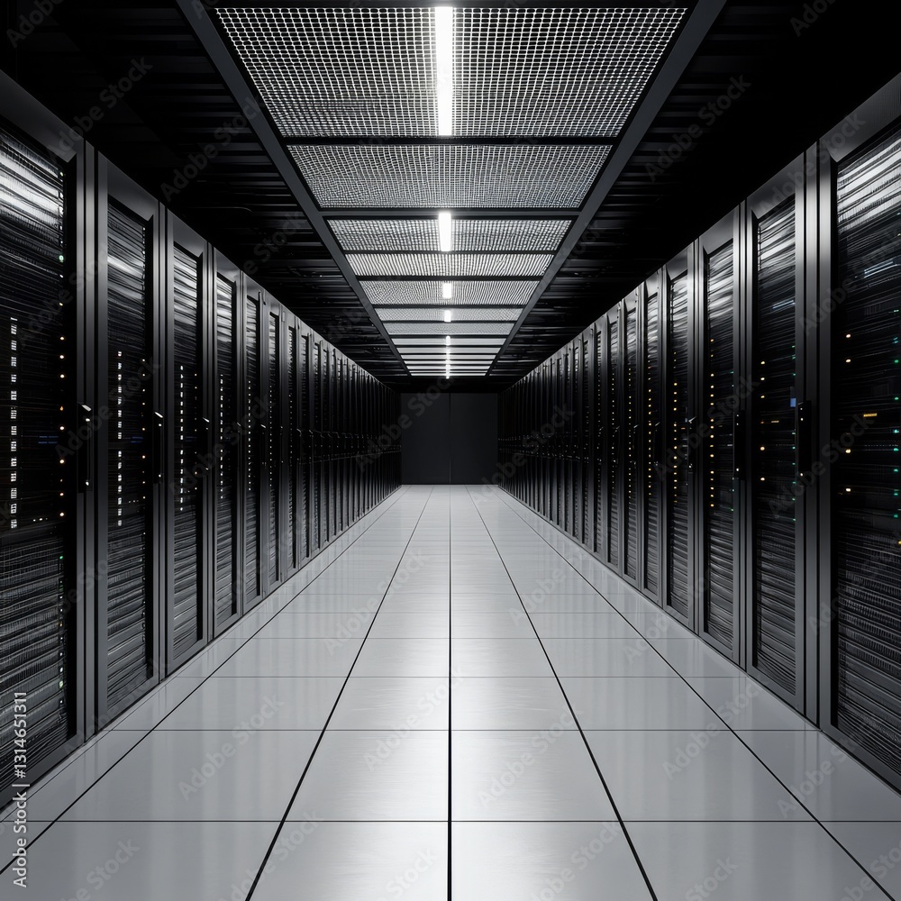 Poster Data Center Server Room: A Gleaming Corridor of Network Technology and Powerful Computing Infrastructure.