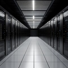 Data Center Server Room: A Gleaming Corridor of Network Technology and Powerful Computing...