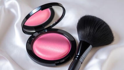 Front view of an attractive open round pack of blush alongside a professional black makeup brush on a white background. Product layout. A space for text.