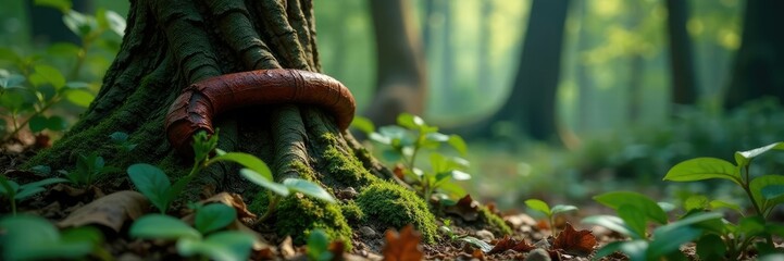 Twisted trunk of Devil s club amidst forest foliage, vegetation, plant, woodland