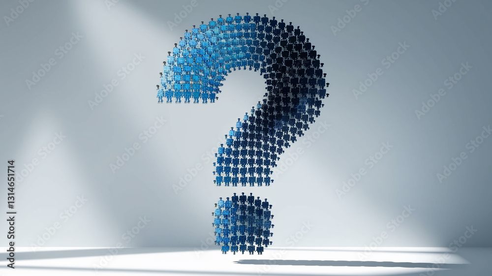 Aufkleber blue figures forming a large question mark symbol, on a light gray background, showcasing uncertaint