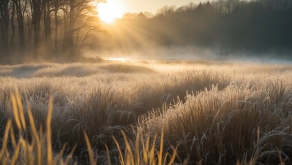 Enigmatic Sunrise above River in the misty Forest. Mist blankets the river obscuring the forest while sunlight streams through. Scenic and atmospheric sunrise.