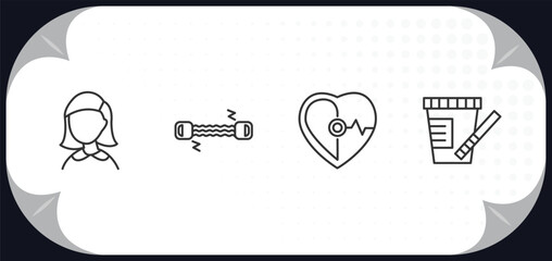 outline icons set - health and medical concept. girl, chest expander, cardiology, urine.