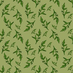 Obraz premium A seamless pattern featuring various green leaves and branches on a green background. The design showcases a mix of leaf shapes and sizes, creating a natural look.