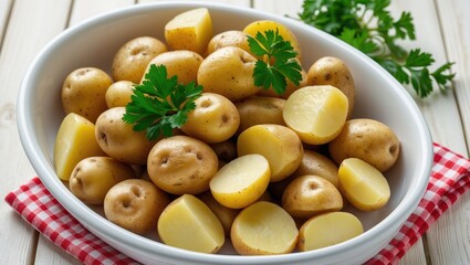 Bowl of unpeeled boiled potatoes - closeup