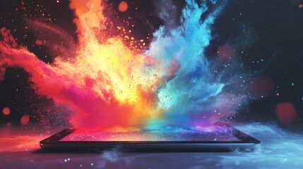A modern creativity explosion with futuristic design elements emerging from a tablet, high-energy composition