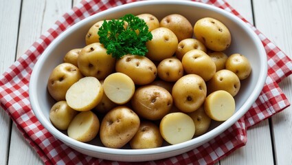 Bowl of unpeeled boiled potatoes - closeup