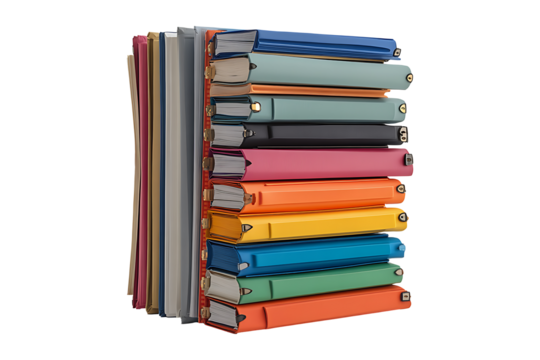 A large disorganized stack of colorful folders filled with various documents sits Isolated on White and Transparent Background PNG Image.