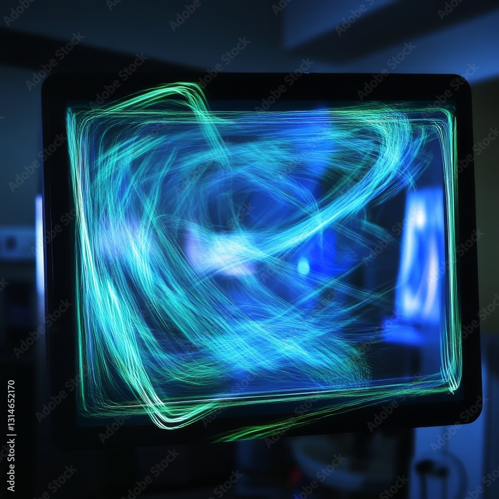 Aufkleber Displaying Abstract Art: Swirling Lines and Light Patterns on a Modern Screen in Blue and Green Tones