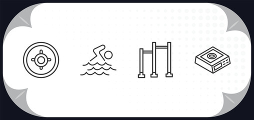outline icons set - gym equipment concept. weight plates, swim, pull up bar, weight scale.