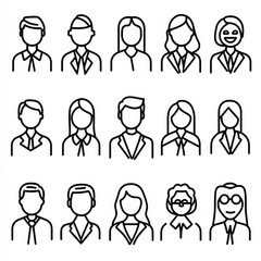 Diverse Business Professionals Icon Set: Outline Avatars Depicting Men and Women in Corporate Attire for Professional Representation