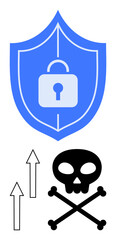 Shield with central lock highlighting security and protection from threats. Skull and crossbones along with upward arrows depict rising danger. Ideal for cybersecurity, risk management, data