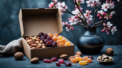 Box of nuts and candied fruits arranged for the celebration is positioned next to a vase with blossoming branches.