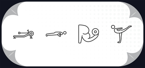 outline icons set - gym and fitness concept. rowing hine, pushups exercises, lifting dumbbells, stretching leg exercise.