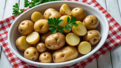 Bowl of unpeeled boiled potatoes - closeup