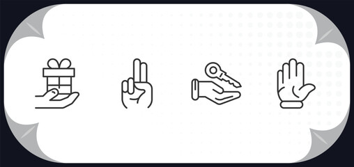 outline icons set - gestures concept. give a gift, two fingers up, hanging over the key, hand up.