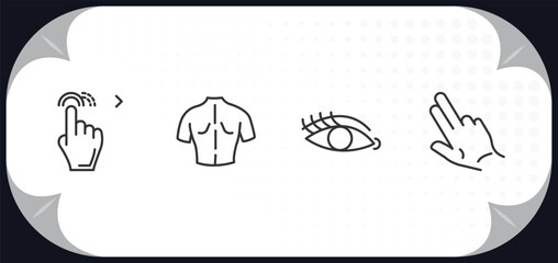 outline icons set - gestures concept. drag right, body parts, eyelashes, gestures.