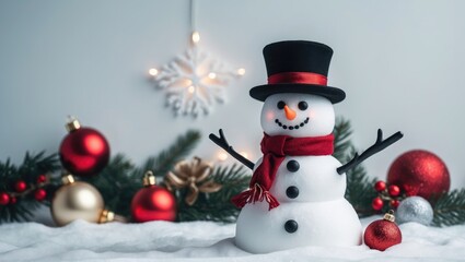 Obraz premium Toy snowman set against a white background, holiday decorations, and a depiction of a festive season.