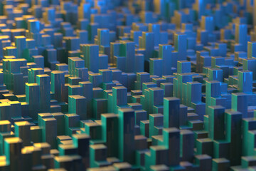 Obraz premium Abstract geometric cityscape with blue and yellow cubes. 3d render
